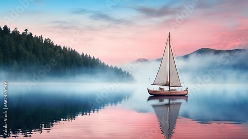  a sailboat floating on a lake surrounded by forest at sunset. generative ai