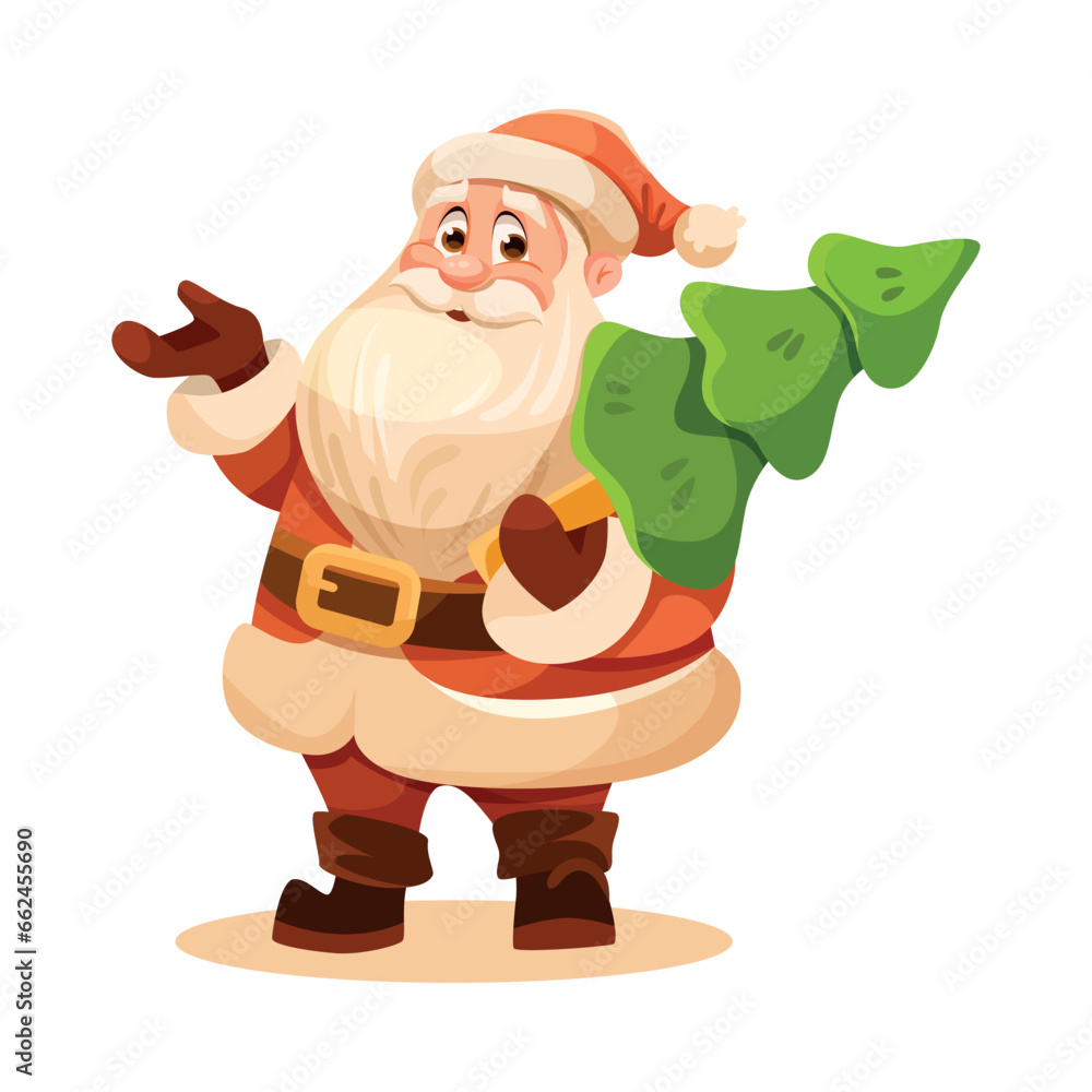 Funny Santa Character with White Beard and Red Hat Hold Fir Tree Vector Illustration