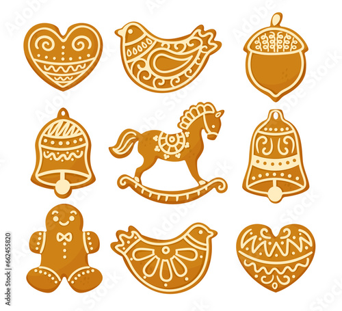 Gingerbread Cookies as Winter Homemade Sweet Snack with Sugar Glaze Vector Set