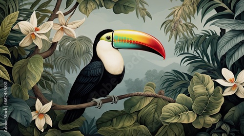  a painting of a toucan on a branch with flowers.  generative ai © Anna