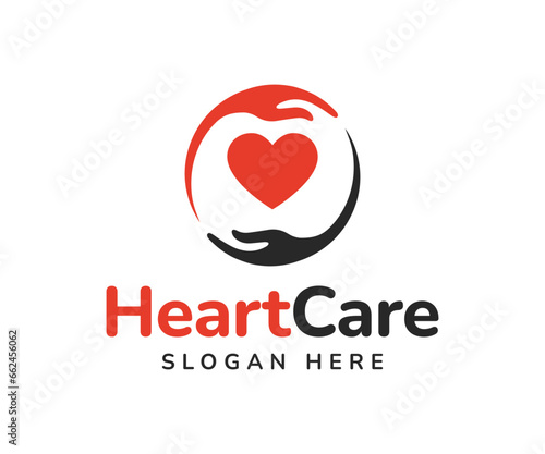Hand embracing red heart with love vector logo design. Embracing love symbol