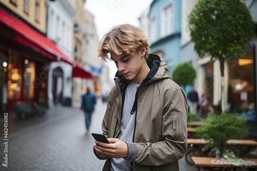 teenage boy using smart phone on the street