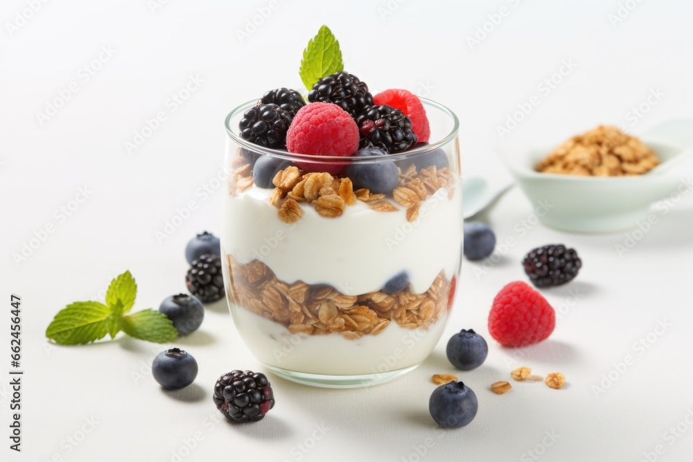 A glass of yogurt topped with berries and granola A glass of yogurt topped with berries and granola