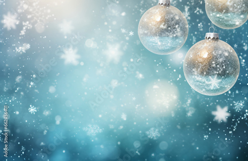 Three glass Christmas ornaments hang in front of a gradient blue background scattered with white snowflakes.
