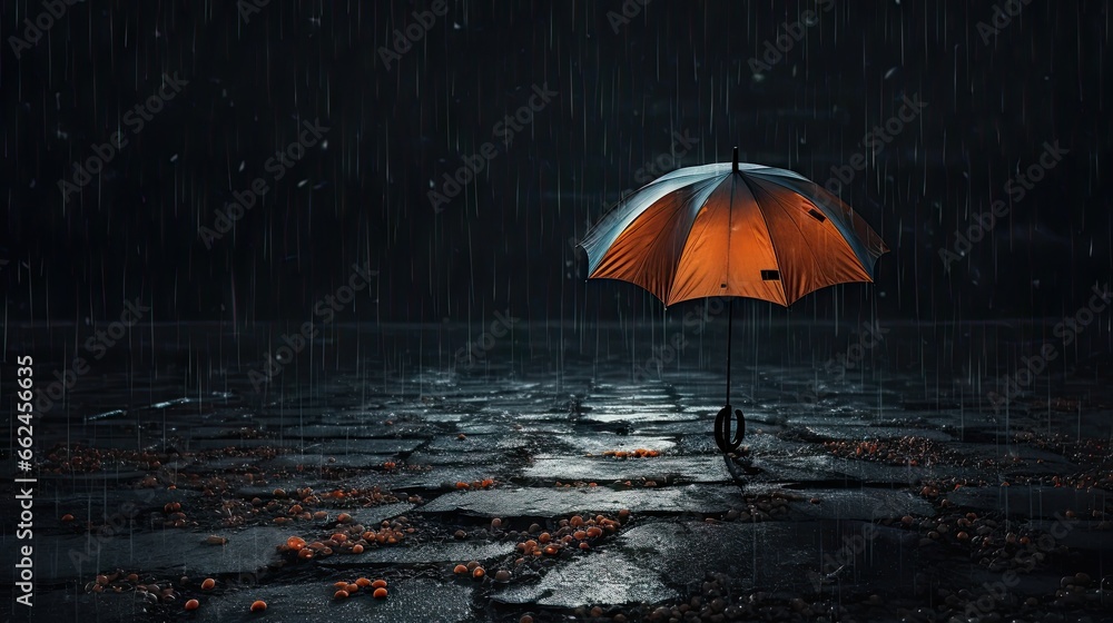  an orange and white umbrella sitting on top of a wet ground.  generative ai