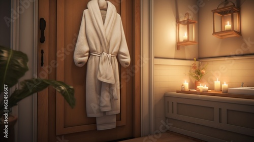  a robe hanging on a door next to a window with candles. generative ai