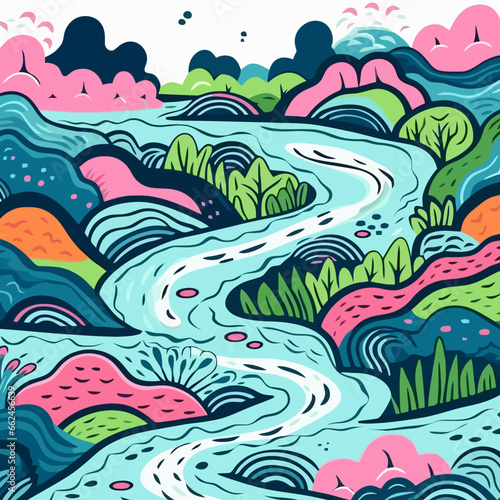 River rapids quirky doodle pattern, background, cartoon, vector, whimsical Illustration