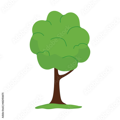 Green tree with grass  cartoon element isolated on white background. Natural forest plant. Ecology garden template. Vector tree in children s flat style. Vector illustration