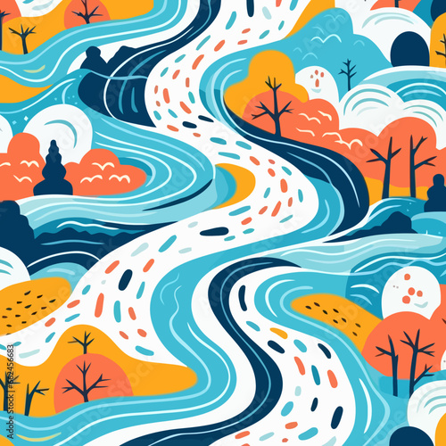 River rapids quirky doodle pattern, background, cartoon, vector, whimsical Illustration