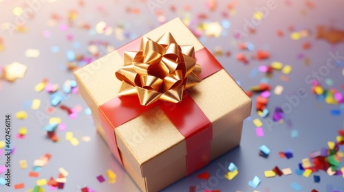A gift box with a red bow on it surrounded by confetti