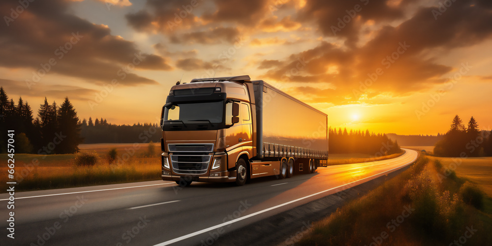Truck driving trough at sunset. Generated by AI Truck driving trough at sunset. Generated by AI