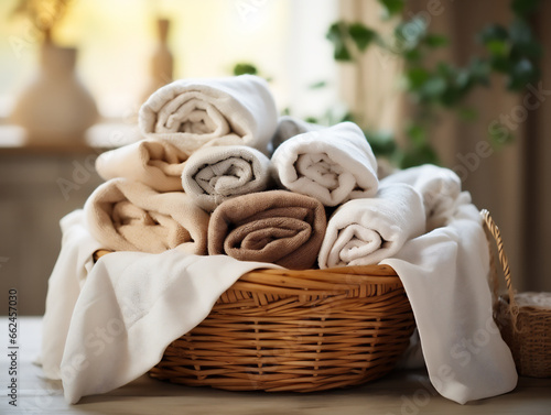 Stack of clean laundry in wicker basket. Generated by AI