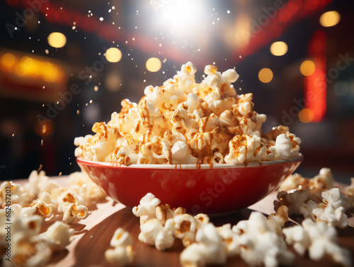 Popcorn in a bowl with caramel, light blur background. Generated by AI
