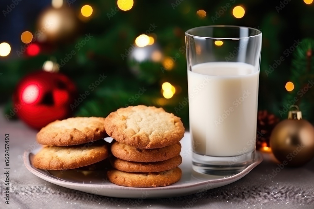 Milk for Santa Claus in glass and Christmas cookies near Xmas tree. Christmas card. Generative AI. Milk for Santa Claus in glass and Christmas cookies near Xmas tree. Christmas card. Generative AI.