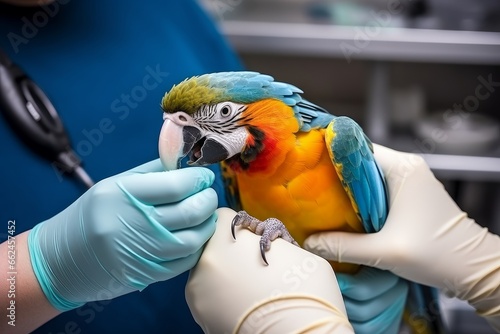 a hand in a medical glove gives an injection to a parrot photo