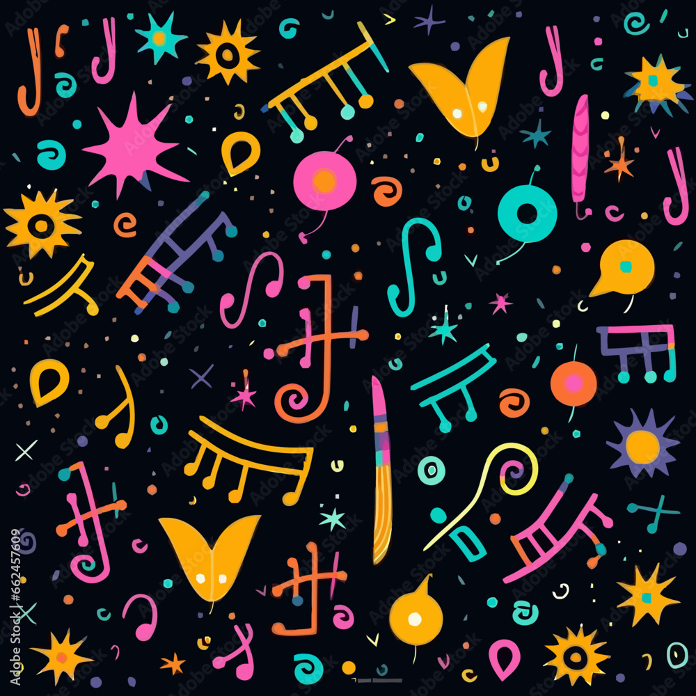 Musical notation quirky doodle pattern, background, cartoon, vector, whimsical Illustration Musical notation quirky doodle pattern, background, cartoon, vector, whimsical Illustration
