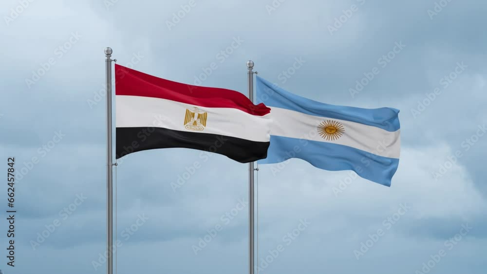 Argentina flag and Egypt flag waving together on cloudy sky, endless seamless loop, two country relations concept Argentina flag and Egypt flag waving together on cloudy sky, endless seamless loop, two country relations concept