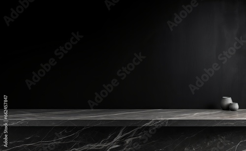 Black Marble Table on Black Wall Background with Generative AI