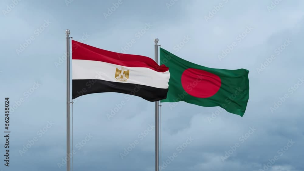 Bangladesh flag and Egypt flag waving together on cloudy sky, endless seamless loop, two country relations concept Bangladesh flag and Egypt flag waving together on cloudy sky, endless seamless loop, two country relations concept