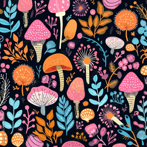 Mutated flora and fauna quirky doodle pattern, background, cartoon, vector, whimsical Illustration