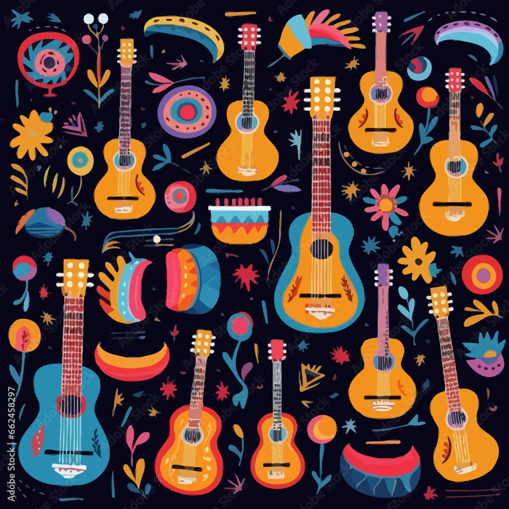 Naklejka premium Folk instruments quirky doodle pattern, background, cartoon, vector, whimsical Illustration