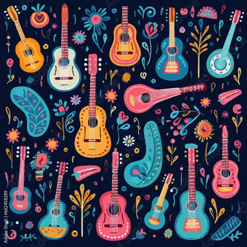 Folk instruments quirky doodle pattern, background, cartoon, vector, whimsical Illustration