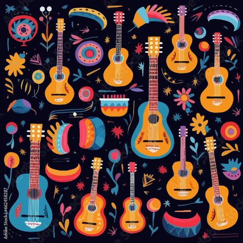 Folk instruments quirky doodle pattern, background, cartoon, vector, whimsical Illustration