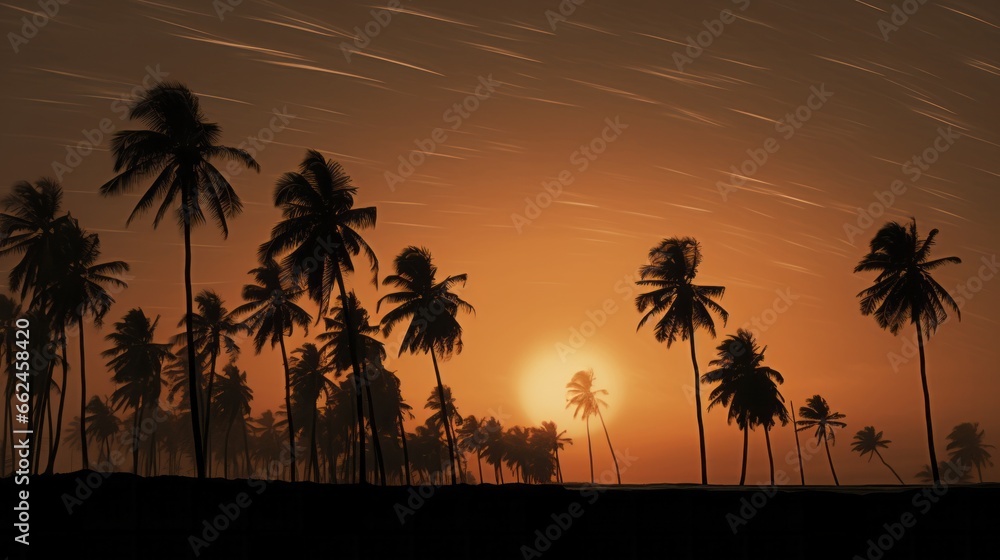 A sunset with palm trees in the foreground