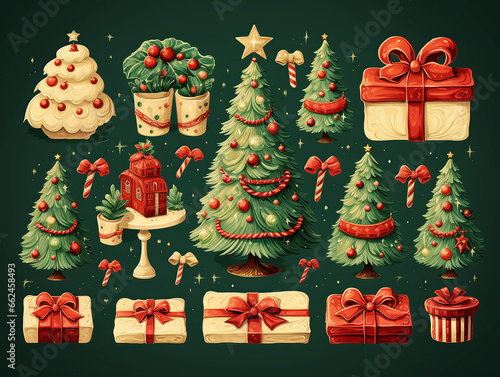 illustrazione con decori natalizi su sfondo verde in stile acquerello, alberi di natale, pacchetti dono photo