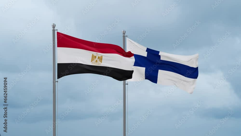 Finland flag and Egypt flag waving together on cloudy sky, endless seamless loop, two country relations concept Finland flag and Egypt flag waving together on cloudy sky, endless seamless loop, two country relations concept