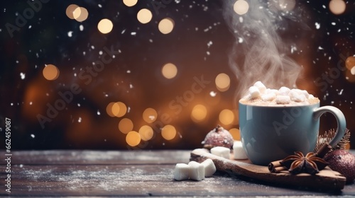 Hot cocoa with marshmallows on a rustic wooden table. Christmas background