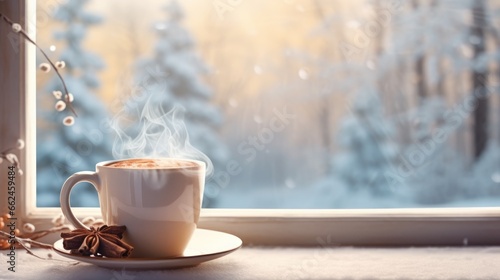 Steaming mug of hot cocoa on a wooden windowsill with a snowy landscape beyond