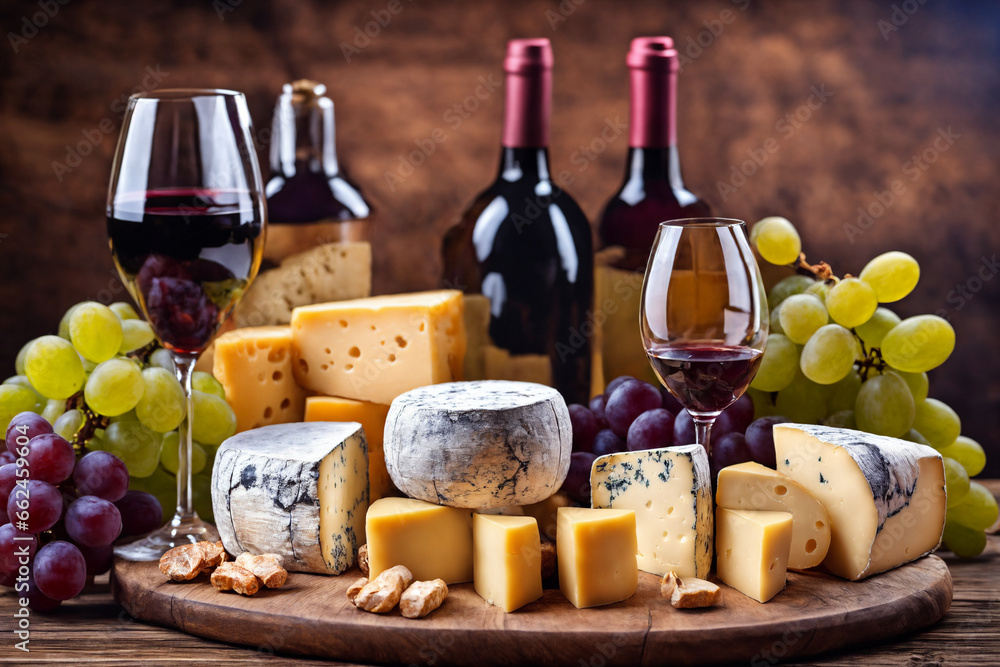 Naklejka premium Wine, cheeses and grapes in a vintage setup. Generative Ai.