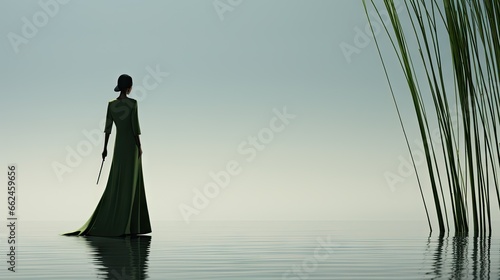  a woman in a green dress standing in the water with a long green grass. generative ai