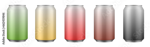 Set of gold, red, green, brown and black tin cans of energy drink, juice or soda. Cocktail or fitness drink. Cold beverages. Gradient colors