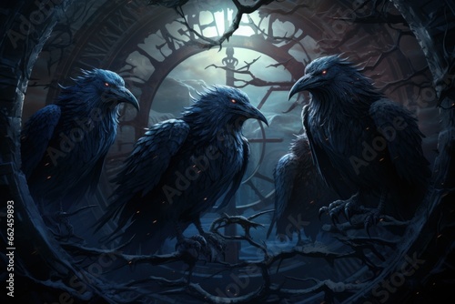 Cursed wereravens, trapped in a cycle of human and raven forms - Generative AI