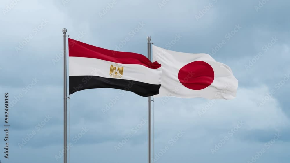 Japan flag and Egypt flag waving together on cloudy sky, endless seamless loop, two country relations concept Japan flag and Egypt flag waving together on cloudy sky, endless seamless loop, two country relations concept