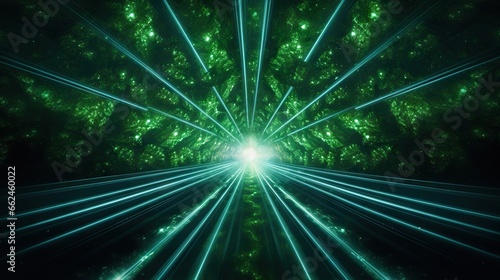  a green and black photo of a forest filled with lights. generative ai