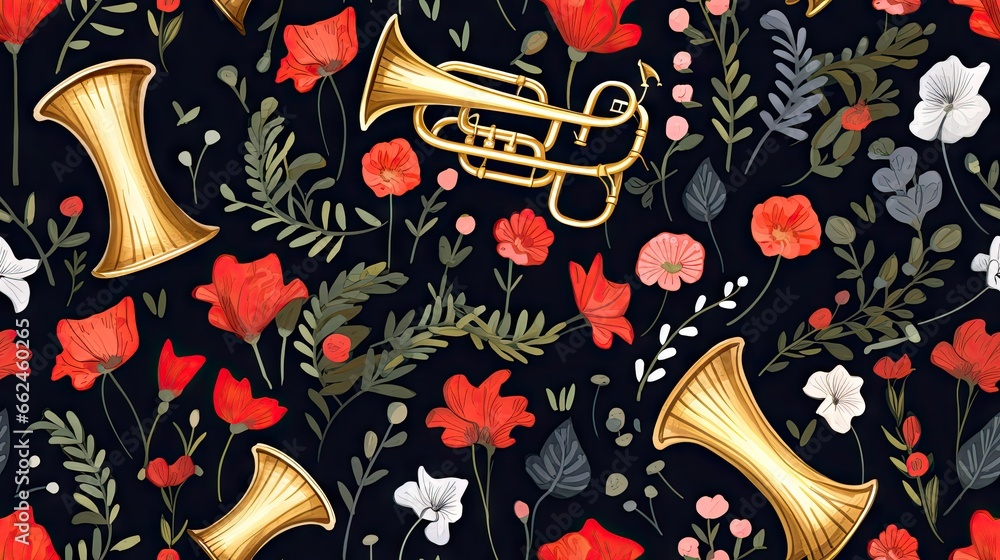  a black background with red and white flowers and a gold trumpet.  generative ai