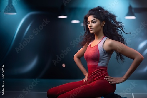 beautiful woman doing stretching exercises in a studio