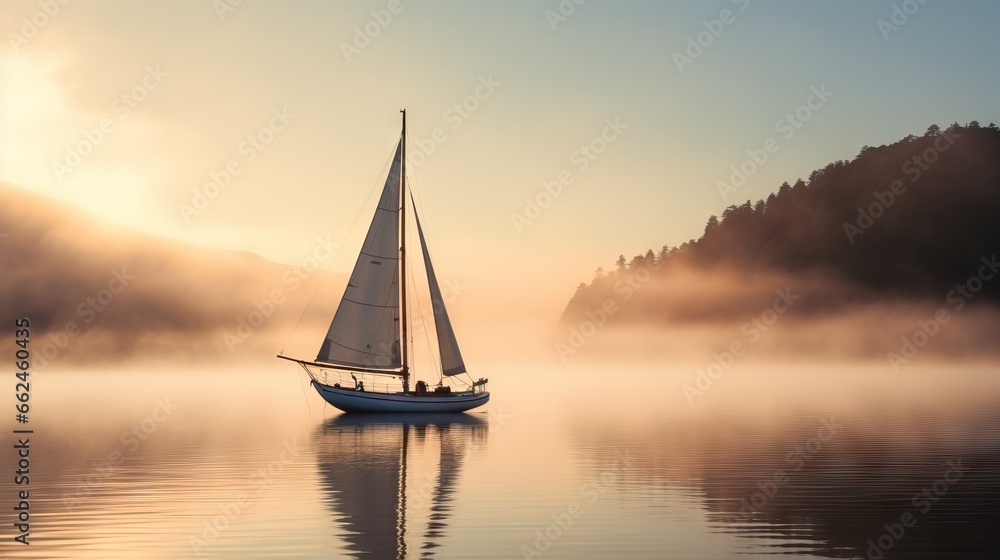  a sailboat floating on a lake in the middle of a foggy day.  generative ai