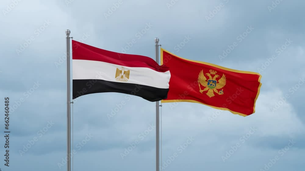 Montenegro and Egypt flag waving together on cloudy sky, endless seamless loop, two country cooperation concept Montenegro and Egypt flag waving together on cloudy sky, endless seamless loop, two country cooperation concept