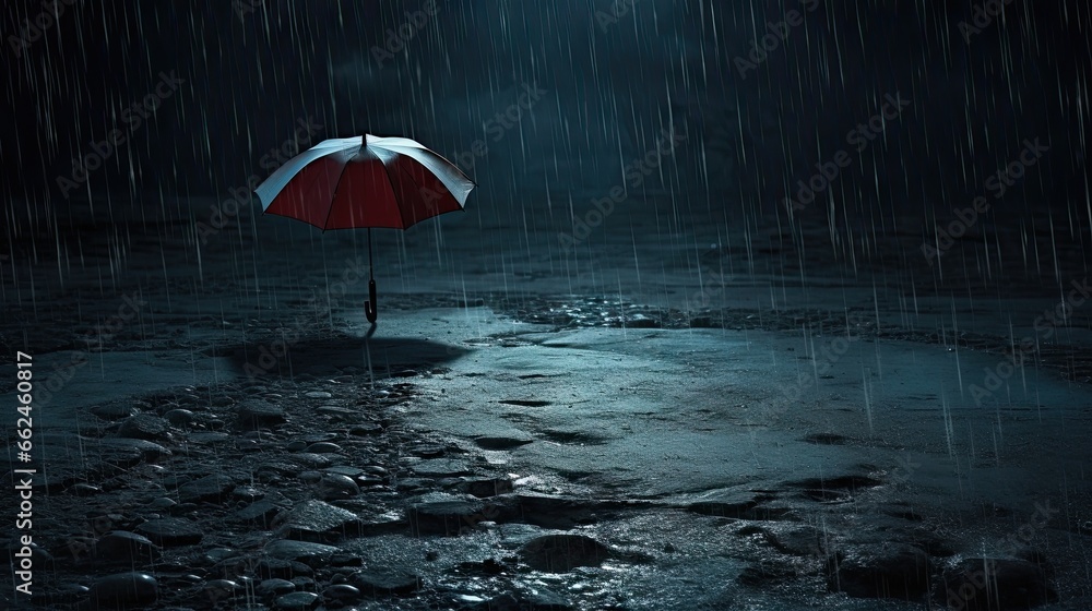 a red and white umbrella sitting on top of a puddle.  generative ai