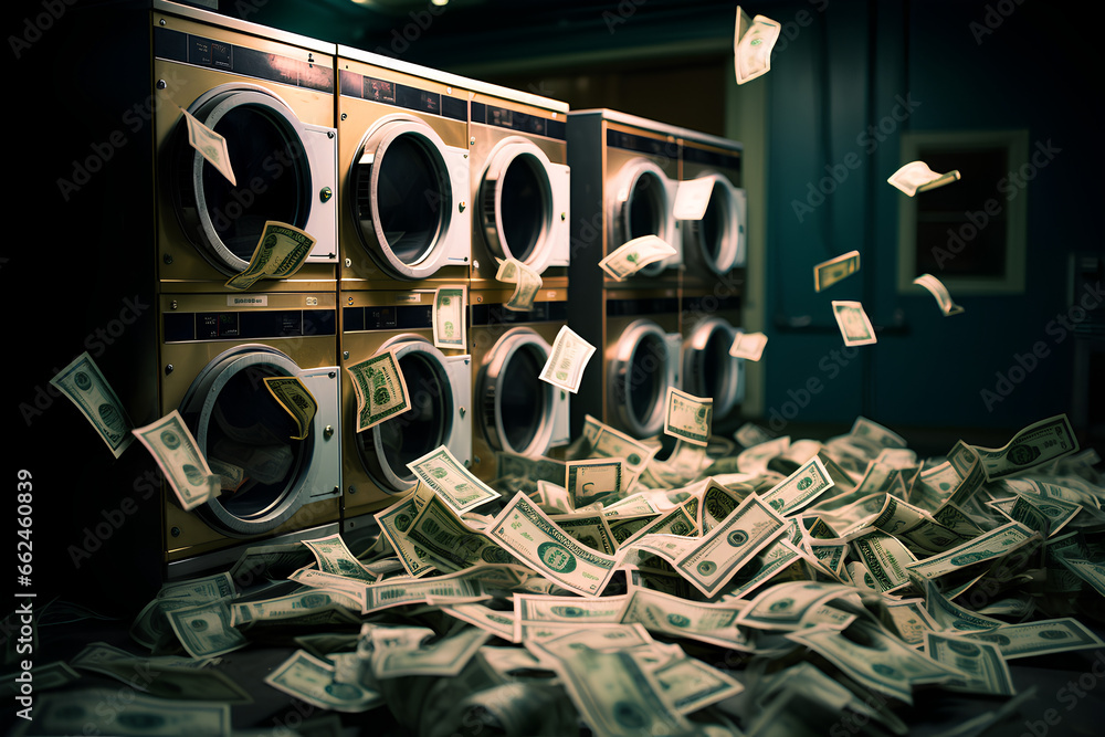 Flying money banknotes in a laundromat with washing machines, money