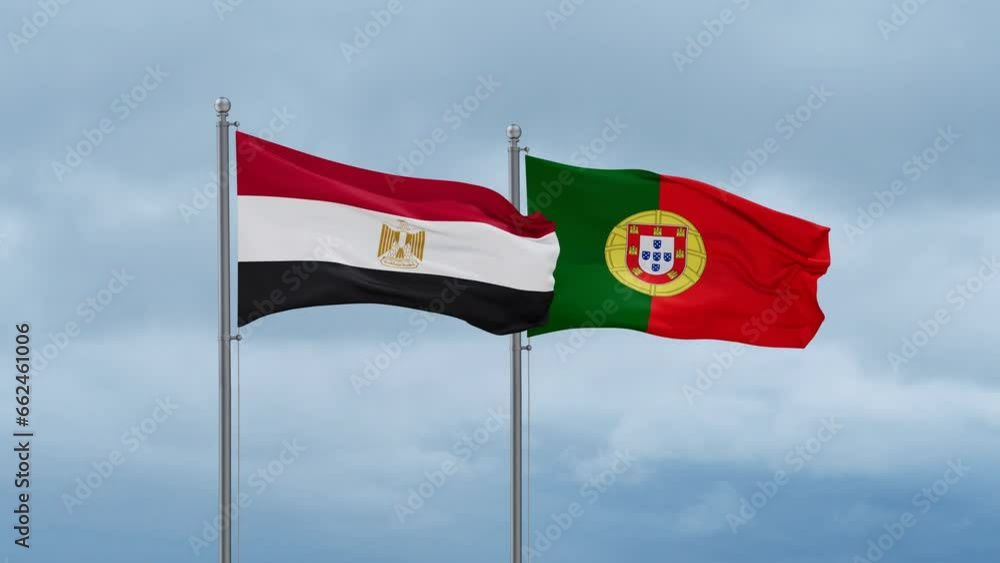 Portugal and Egypt flag waving together on cloudy sky, endless seamless loop, two country cooperation concept Portugal and Egypt flag waving together on cloudy sky, endless seamless loop, two country cooperation concept