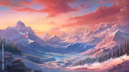  a painting of a snowy mountain scene with a sunset in the background. generative ai