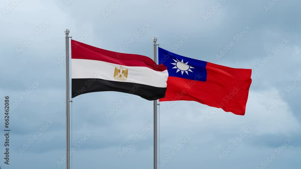 Taiwan and Egypt flag waving together on cloudy sky, endless seamless loop, two country cooperation concept Taiwan and Egypt flag waving together on cloudy sky, endless seamless loop, two country cooperation concept