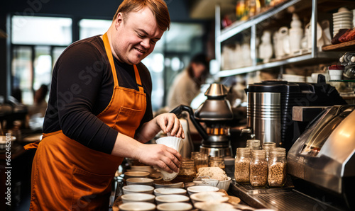 Inclusive Café Employing Young Man with Down Syndrome as Barista photo