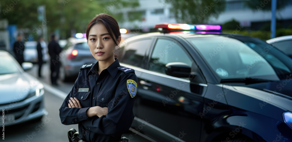 Asian woman working as police officer or cop, closeup portrait, blurred city with parked car near in background. Generative AI Asian woman working as police officer or cop, closeup portrait, blurred city with parked car near in background. Generative AI