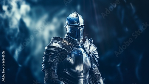 Fényképezés medieval knight in shiny metal armor on a blue background